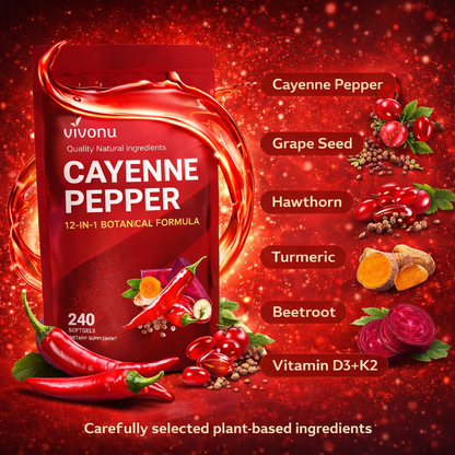 Holiday Haul Cayenne Pepper Softgels Supplement, Supports Leg Vein, Heart and Blood Vessel Health, with Vitamin E D3+K2 and Extracts of Grape Seed, Hawthorn, Beetroot and Others (240 Softge /1 Bag)-MCY