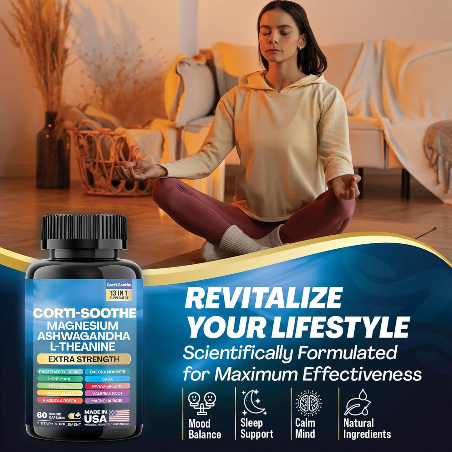 Corti-Soothe Cortisol Supplement Magnesium Glycinate 200mg L-Theanine 150mg Ashwagandha 150mg Phosphatidylserine Cortisol Manager Lions Mane Ginkgo Biloba Bacopa Monnieri Valerian Root 60 Caps