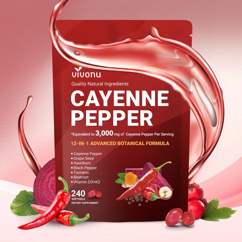 Holiday Haul Cayenne Pepper Softgels Supplement, Supports Leg Vein, Heart and Blood Vessel Health, with Vitamin E D3+K2 and Extracts of Grape Seed, Hawthorn, Beetroot and Others (240 Softge /1 Bag)-MCY