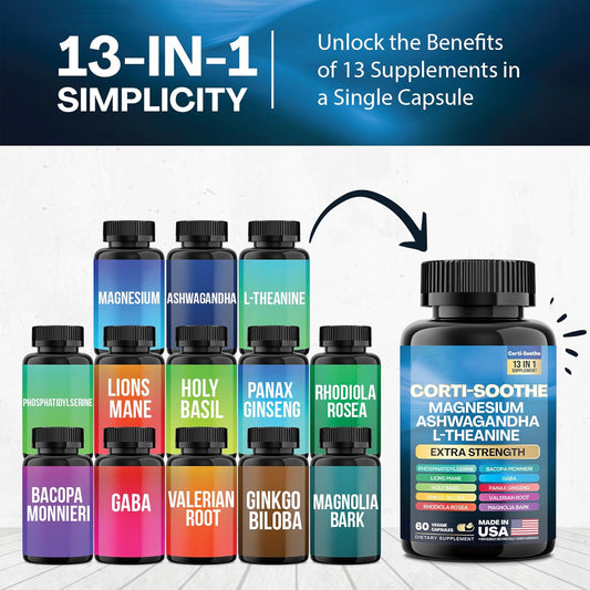 Corti-Soothe Cortisol Supplement Magnesium Glycinate 200mg L-Theanine 150mg Ashwagandha 150mg Phosphatidylserine Cortisol Manager Lions Mane Ginkgo Biloba Bacopa Monnieri Valerian Root 60 Caps